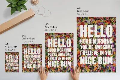 Nowoczesna grafika na płótnie z kolorowymi kwiatami i białą typografią