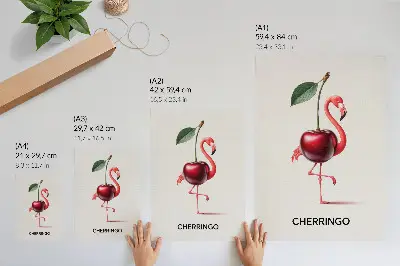 Plakat na płótnie z fantazyjną kompozycją różowo-czerwonego flaminga z wiśnią