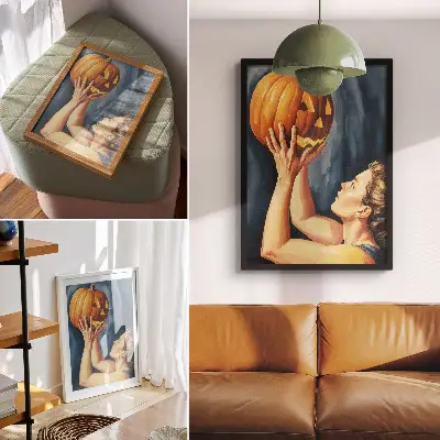 Nowoczesna grafika na płótnie pomarańczowa dynia na ciemnoniebieskim tle w stylu surrealistycznym
