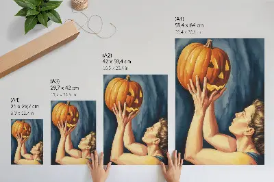 Nowoczesna grafika na płótnie pomarańczowa dynia na ciemnoniebieskim tle w stylu surrealistycznym