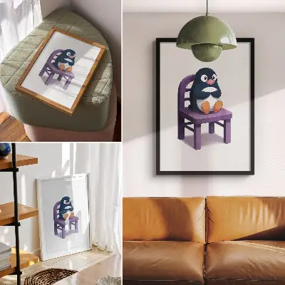 Plakat na płótnie fioletowy pingwin na krześle w stylu minimalistycznym