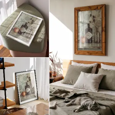 Plakat ścienny z motywem butelki na tle roślinnych wzorów