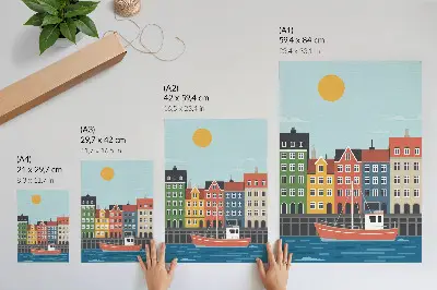 Nowoczesna grafika na płótnie kolorowe łódzkie kamienice odbijające się w wodzie w świetle dnia