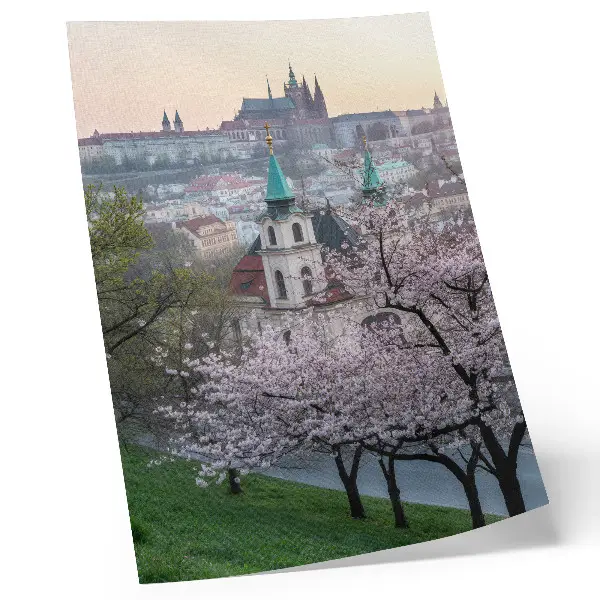 Plakat z teksturą płótna przedstawiający miasto wiosną pełne kwitnących drzew i wież kościołów