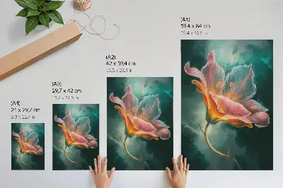 Nowoczesna grafika na płótnie kolorowy surrealistyczny kwiat na turkusowym tle