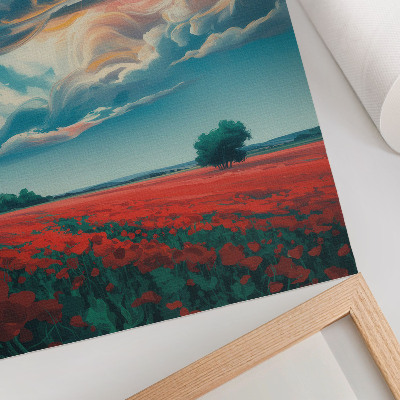 Plakat z teksturą płótna Kolorowa łąka maków pod rozpalonym niebem