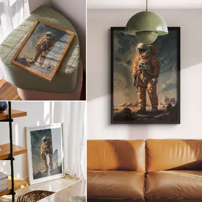 Plakat ścienny astronauta na obcej planecie pod nocnym niebem