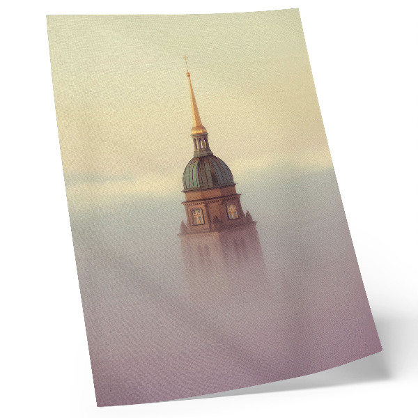 Plakat z teksturą płótna Wieża w mgle delikatne kolory spokojna kompozycja