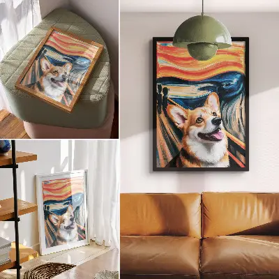Plakat z teksturą płótna dynamiczne kolory, śmiałe kontrasty i uroczy pies