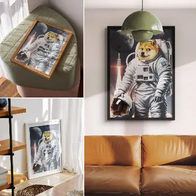 Plakat na płótnie pies w skafandrze kosmonauty z rakietą i księżycem