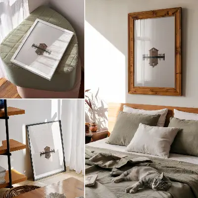 Plakat z teksturą płótna drewniana chata w stylu minimalistycznym nad wodą