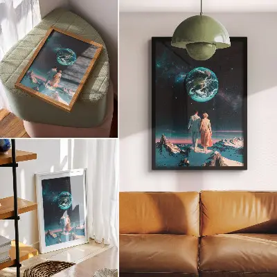 Plakat ścienny kosmos i ludzie ukazujący piękno przestrzeni oraz nieograniczone możliwości