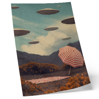 Plakat ścienny Malowniczy krajobraz parasol i tajemnicze obiekty
