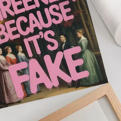 Plakat z teksturą płótna różowy napis z lasem i postaciami w eleganckim humorystycznym stylu