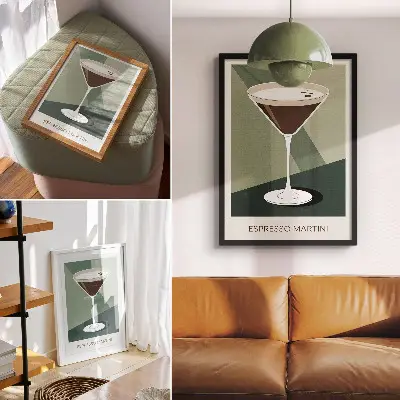 Nowoczesna grafika na płótnie nowoczesne martini w odcieniach zieleni beżu i bieli