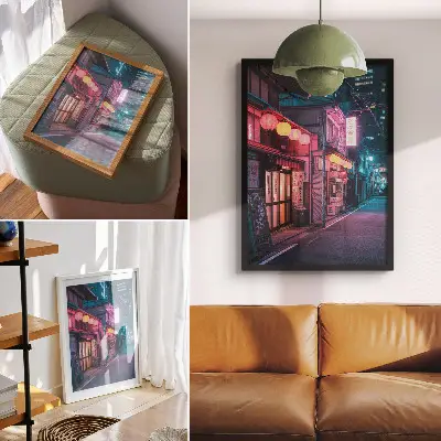 Nowoczesna grafika na płótnie neonowe lampiony w urokliwej miejskiej uliczce nocą