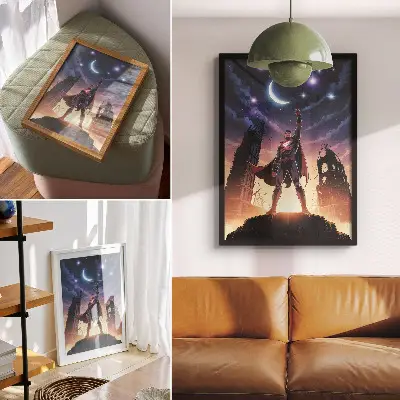 Plakat ścienny nocne niebo z dynamiczną postacią na tle tajemniczych ruin