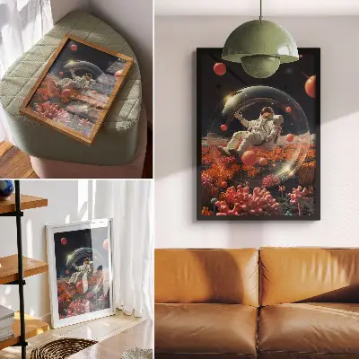 Nowoczesna grafika na płótnie astronauta w przestrzeni kosmicznej z kolorowymi roślinami