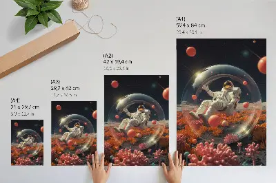Nowoczesna grafika na płótnie astronauta w przestrzeni kosmicznej z kolorowymi roślinami