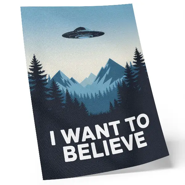 Plakat na płótnie z motywem tajemniczego lasu i gór w nowoczesnym stylu UFO