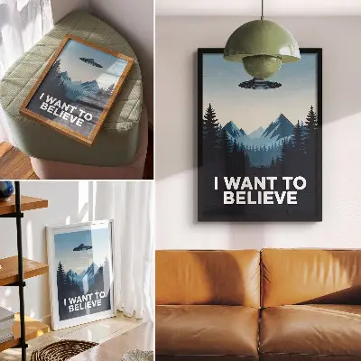 Plakat na płótnie z motywem tajemniczego lasu i gór w nowoczesnym stylu UFO