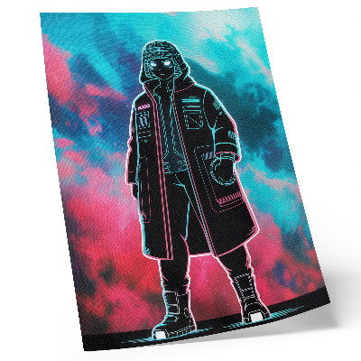 Plakat z teksturą płótna Futurystyczna postać na tle nieba mocne kolory