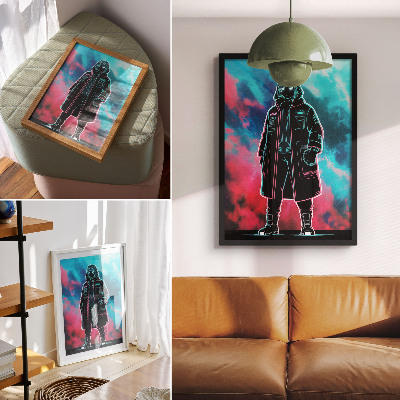 Plakat z teksturą płótna Futurystyczna postać na tle nieba mocne kolory