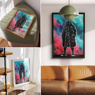 Plakat z teksturą płótna futurystyczna postać na tle nieba w mocnych kolorach