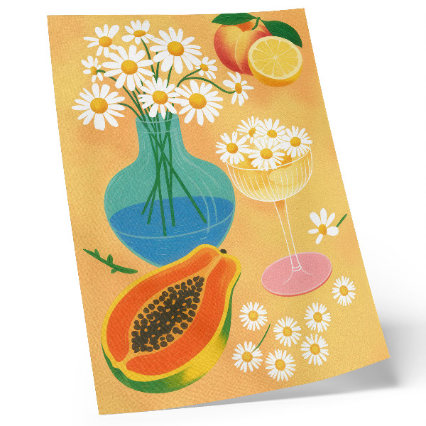 Plakat ścienny Soczyste owoce kolorowe stokrotki ilustracyjny styl