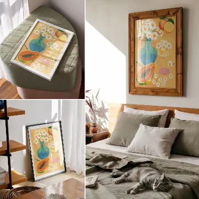 Plakat ścienny z ilustracją kolorowych owoców i stokrotek