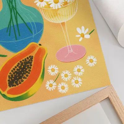 Plakat ścienny z ilustracją kolorowych owoców i stokrotek
