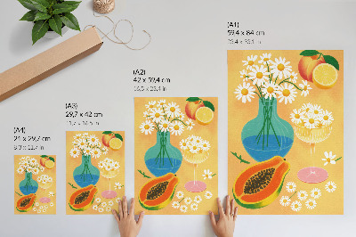 Plakat ścienny Soczyste owoce kolorowe stokrotki ilustracyjny styl