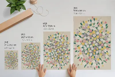 Plakat z teksturą płótna kolorowe kwiaty i pastelowe liście w świeżym wydaniu