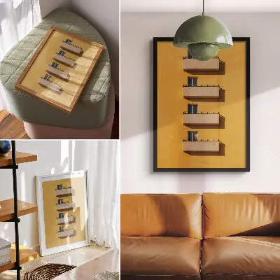 Plakat ścienny żółta fasada z czterema balkonami w minimalistycznej kompozycji