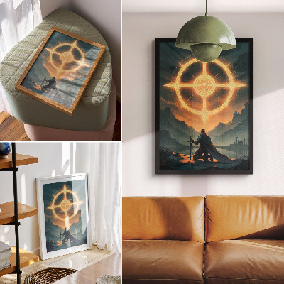 Plakat z teksturą płótna Czarujący krajobraz magiczny symbol rycerz