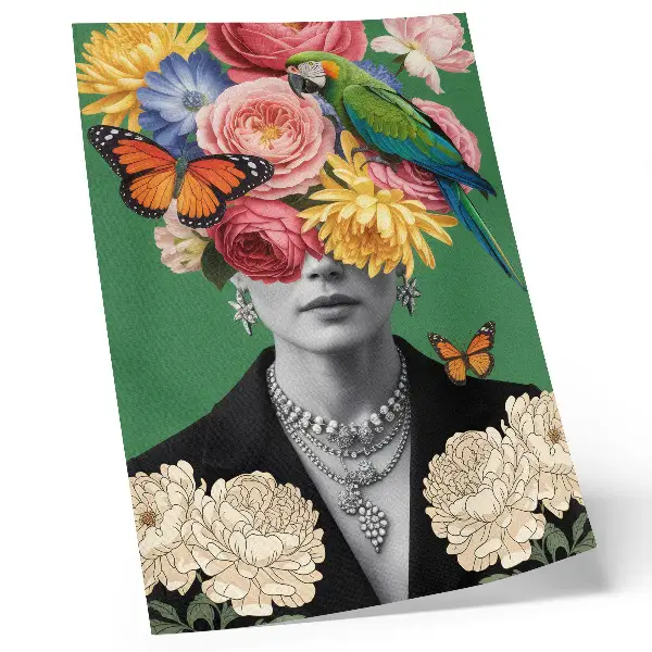 Plakat na płótnie z motywem surrealistycznych kwiatów, ptaków, motyli i eleganckiej postaci