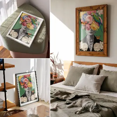 Plakat na płótnie z motywem surrealistycznych kwiatów, ptaków, motyli i eleganckiej postaci