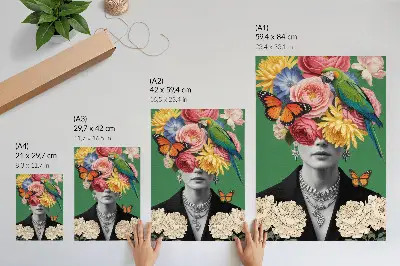 Plakat na płótnie z motywem surrealistycznych kwiatów, ptaków, motyli i eleganckiej postaci