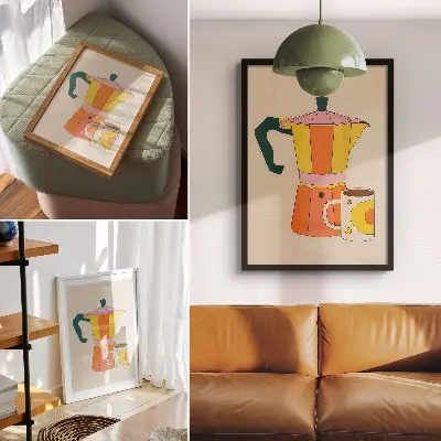 Plakat ścienny z geometryczną kawiarką i kubkiem w żywych, optymistycznych kolorach