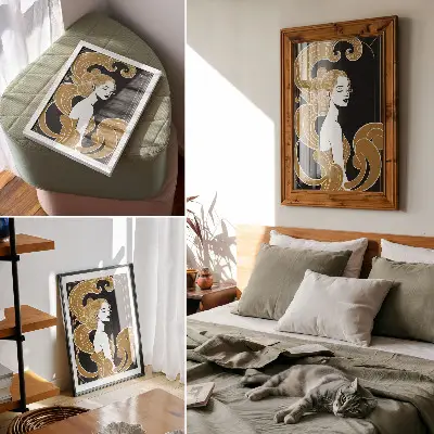 Plakat z teksturą płótna elegancka kobieta z motywem artystycznych linii w kontraście