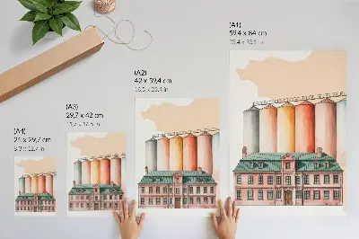 Klasyczny budynek i kolorowe silosy plakat z teksturą płótna