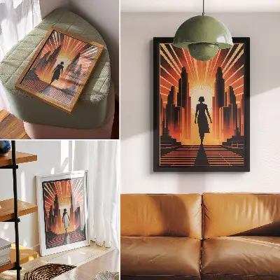 Plakat na płótnie sylwetka kobiety w blasku pomarańczowego światła miasta