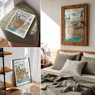 Plakat z teksturą płótna kolorowe budynki nad spokojną wodą w łagodnym klimacie