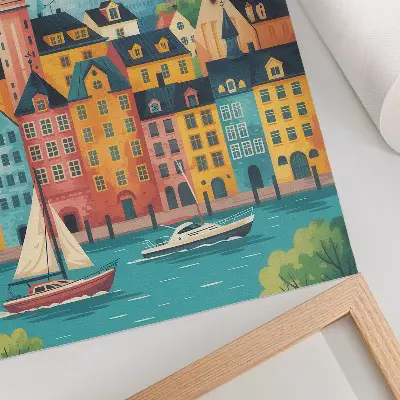 Plakat z teksturą płótna kolorowe budynki nad spokojną wodą w łagodnym klimacie