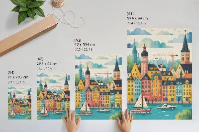 Plakat z teksturą płótna kolorowe budynki nad spokojną wodą w łagodnym klimacie