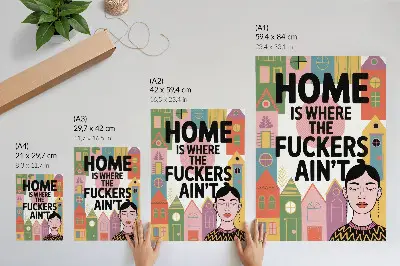 Nowoczesna grafika na płótnie z motywem geometrycznych kolorowych domków oraz twarzy z zamkniętymi oczami