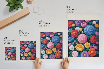 Plakat z ilustracją kolorowych kwiatów na zielonym tle z teksturą płótna