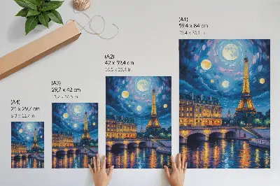 Nowoczesna grafika na płótnie z widokiem na nocny Paryż w pełni księżyca i wieżę Eiffla