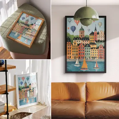 Nowoczesna grafika na płótnie kamienice z balonami i żaglówkami w kolorowym nastroju