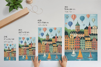 Nowoczesna grafika na płótnie Kamienice balony żaglówki kolorowy nastrój